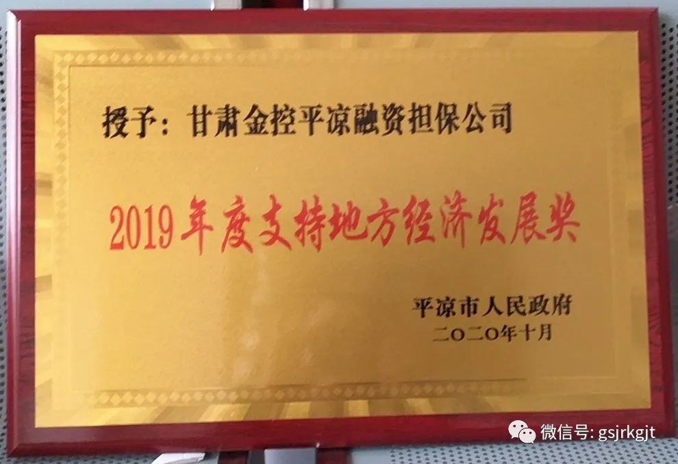 金控平凉担保荣获2019年度 “支持地方经济发展奖”